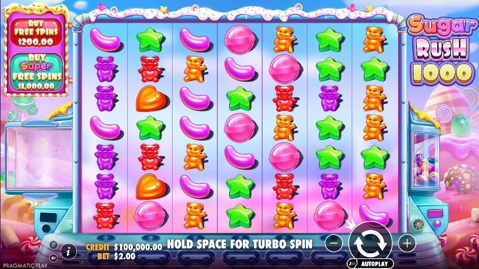 7×7-Raster von Sugar Rush 1000 mit Bonbons, Herzen, Sternen und Bären