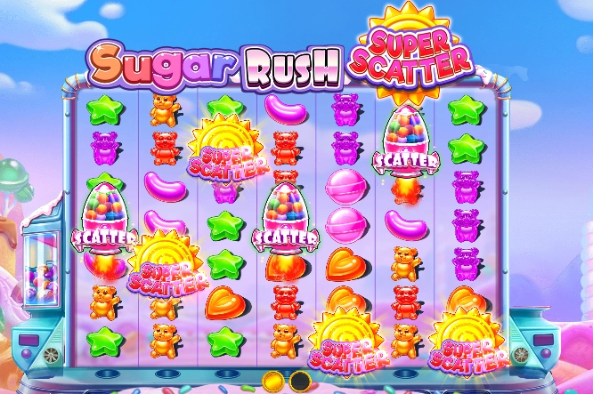 7×7-Raster von Sugar Rush Super Scatter mit Bonbons, Bären und Super-Scatter-Symbolen