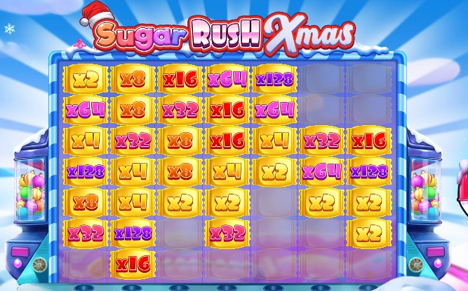 Markerede positioner i Sugar Rush Xmas med multiplikatorer fra x2 til x128
